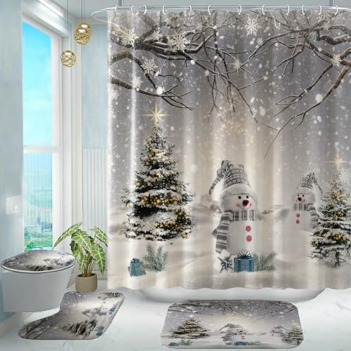 Christmas Snowman Shower Curtain Set - Winter Bathroom Decor, 4 Pieces