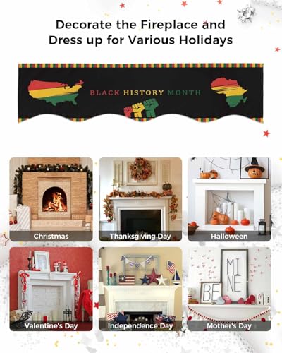 Black History Month Fireplace Mantel Scarf Cover with Variation - Black, Grass, Green, Deep Red, 70 Inch