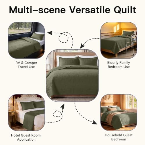 Olive Green Queen Quilt Set Lightweight Bedspread with Pillow Shams