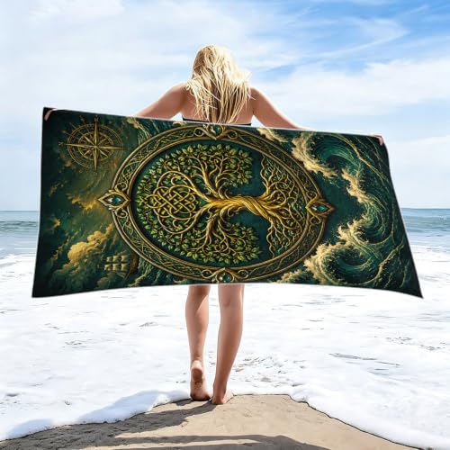Nordic Viking Waves Tree of Life Beach Towel 36x72 Inches Large Absorbent Quick Dry