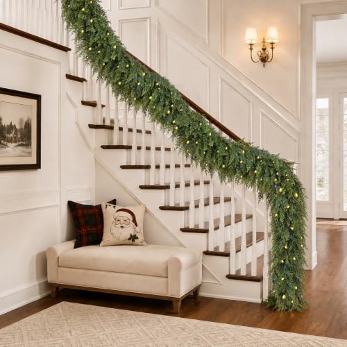 9FT Artificial Cedar Christmas Garland with Pre-Lit Warm LED Lights - Green / 9FT / 1 Piece