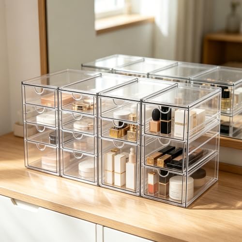 Prsildan Acrylic Desk Organizer with 14 Stackable Drawers - Clear Makeup Storage