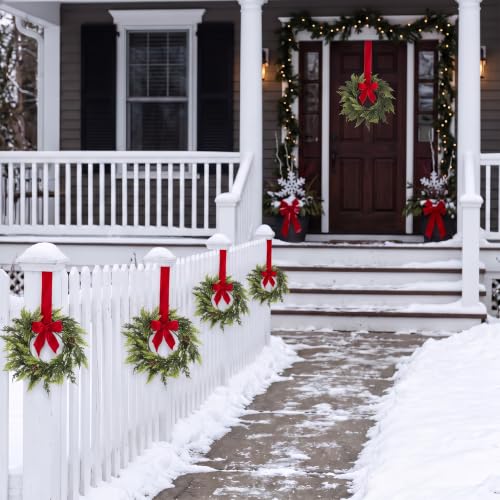 Mini Christmas Wreath Set with Red Velvet Bow - 6 Pcs Holiday Decor