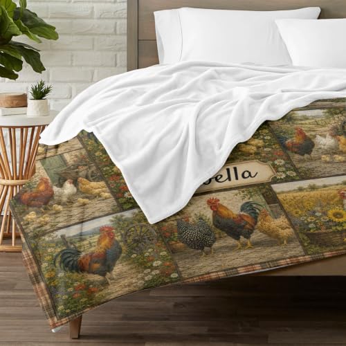 Farmhouse Chicken Blanket with Name Personalized Flannel Throw - Custom Gift