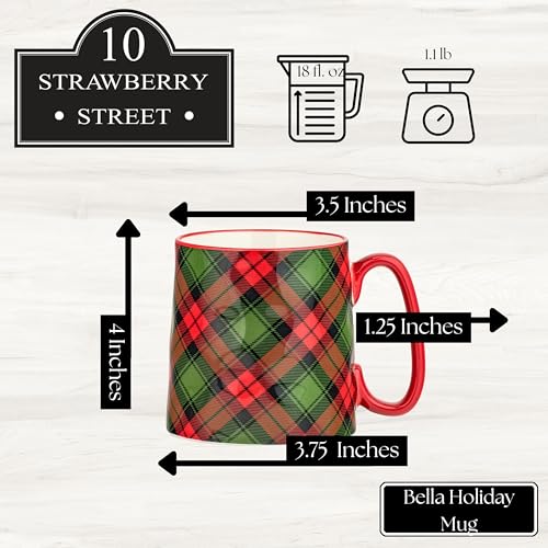 Holiday Plaid Ceramic Mug Set of 4 - 18oz Christmas Coffee Cups with Handle