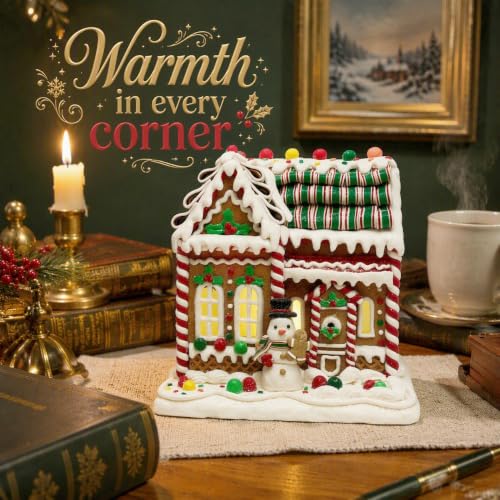 Lighted Gingerbread House Decor - 8 Inch Christmas Clay Display with LED Light