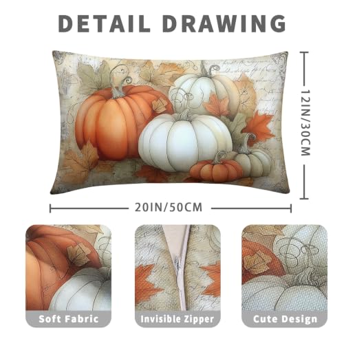 Fall Outdoor Lumbar Pillow Covers 12x20 Set of 2 Orange White Pumpkin Maple Leaves Vintage Autumn Thanksgiving Cushion Case