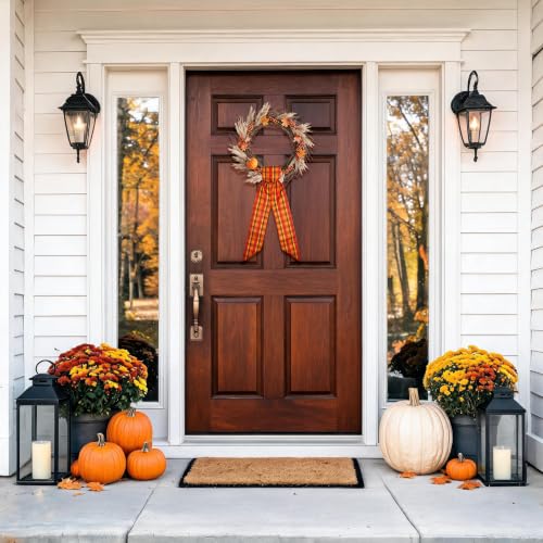 Fall Wreath Ribbon Sash Set - Red Autumn Harvest Buffalo Plaid 2 Pcs