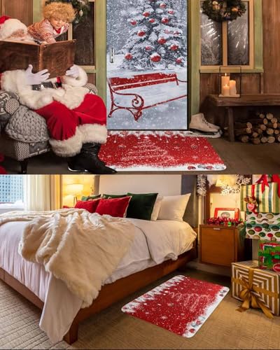 Christmas Kitchen Rugs Set - Red Sparkle Ornaments & White Tree Doormat, Washable Absorbent Floor Mats, 16x24 & 16x47 Inches
