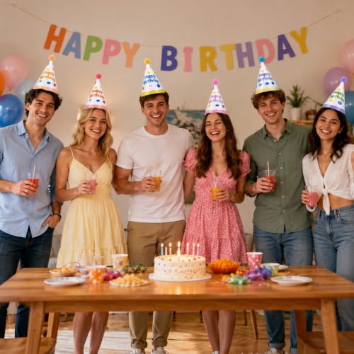 6 Pcs Colorful Birthday Hats for Adults with Fur Pom Poms - Party Supplies