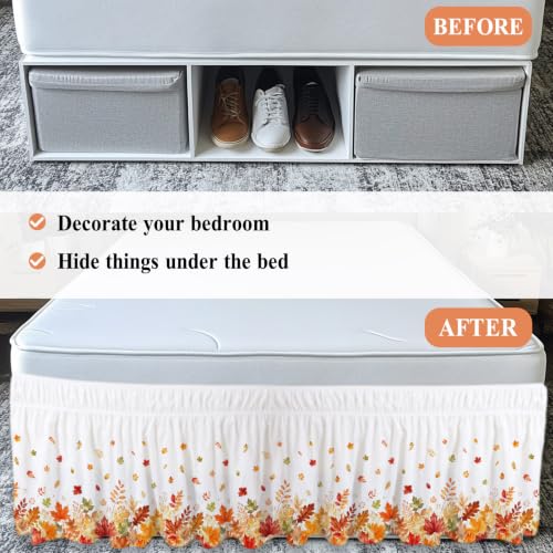 Fall Maple Leaves Bed Skirt Queen Size 16 Inch Drop Wrap Around Autumn Bedding - White, Terracotta, Pumpkin, Burnt Orange