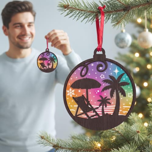 Beach Palm Christmas Ornament - Coastal Holiday Tree Decor, 4 Inch Plywood & Frosted Acrylic