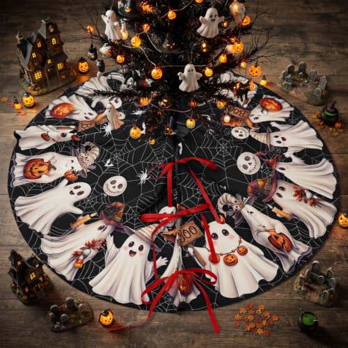 48 Inch Small Black Halloween Ghost Tree Skirt - Spooky Tree Decorations