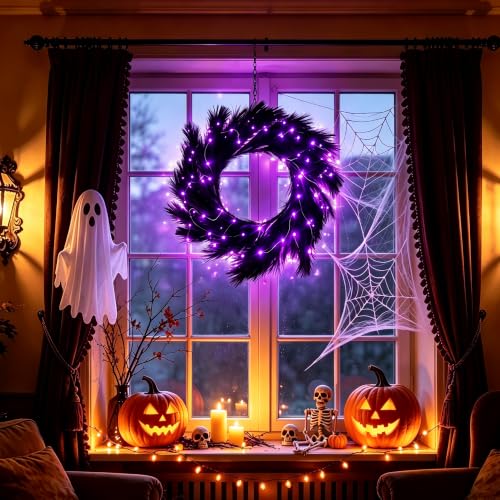 26-Inch Halloween Wreath with Lights, Black Pampas Decor, Boho Front Door Decoration