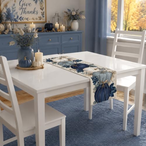 Fall Pumpkin Table Runner - Blue and White Thanksgiving Decor - Variation of Fall Pumpkin