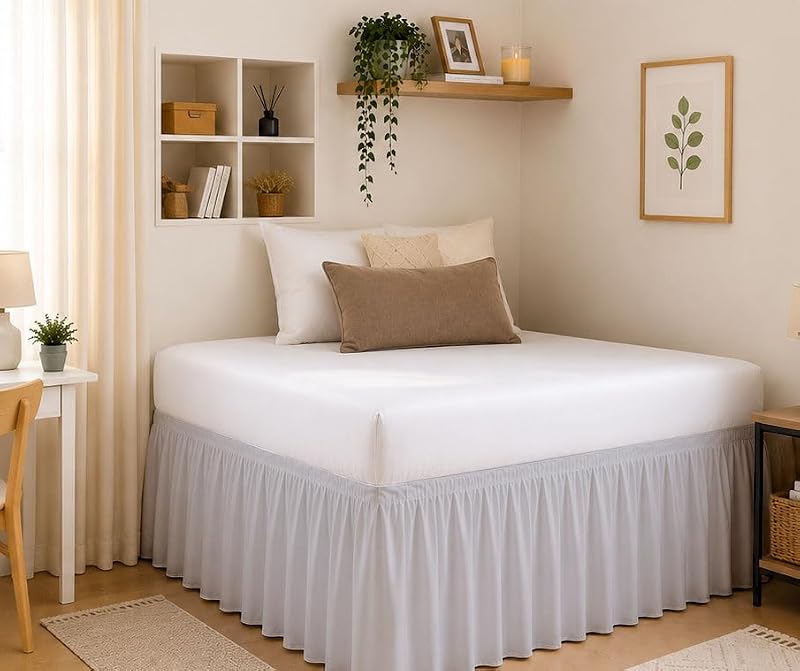 Queen Bed Skirt 60x80 Inches Light Grey Ruffled Wrap-Around Microfiber Dorm Room