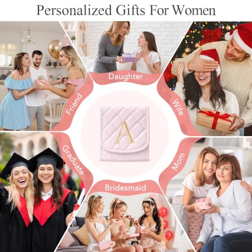 Travel Jewelry Organizer Roll for Women - Pink Initial Monogram, Compact & Portable
