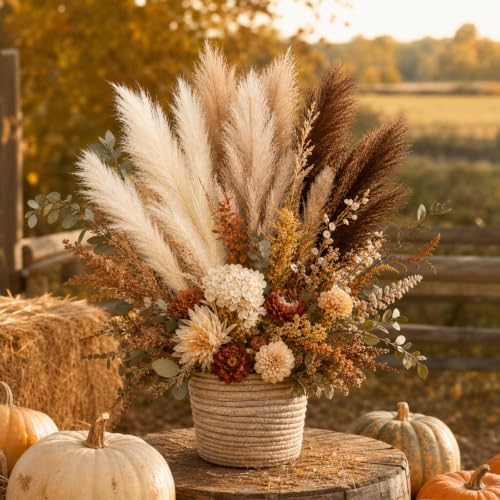 Artificial Pampas Grass Set 45 Inch Tall | Dark Brown & Beige 9 Pieces - Elegant Faux Decor