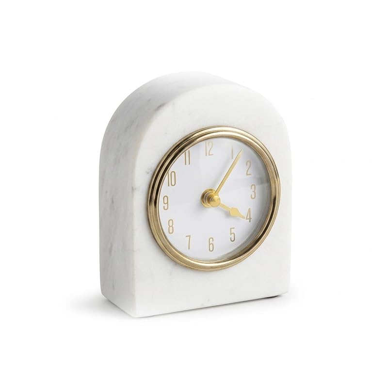 Marble Tabletop Clock - 6 Inch White Marble with Gold Finish, Modern Desk Decor