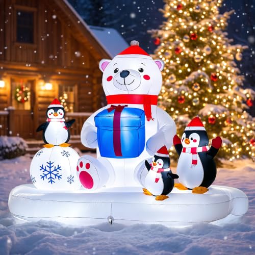 Polar Bear & Penguins Inflatable Christmas Yard Decoration - 8 Ft Lighted Outdoor Holiday Scene