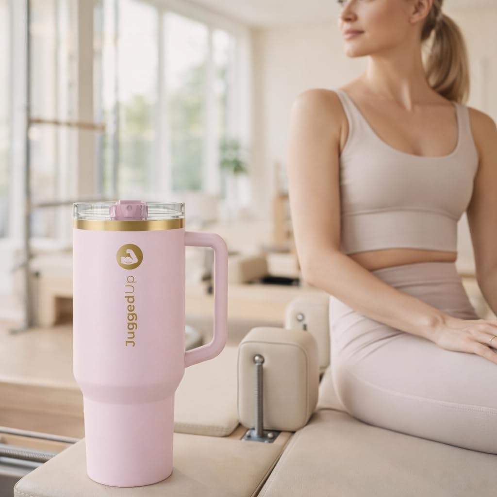 Skiennix 40oz Insulated Stainless Steel Tumbler - Leak-Proof Travel Mug with Handle & Straw Lid | Blush Gold
