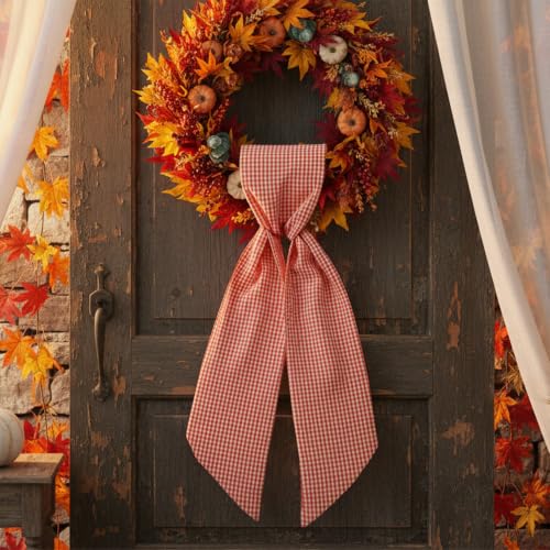 Orange Buffalo Plaid Fall Sash for Front Door Wreath DIY Embroidery 5x54 Inches - Autumn Thanksgiving Porch Decor