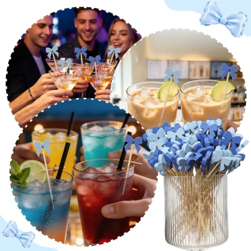 Blue Bow Bamboo Cocktail Picks 4.7 Inch - Party Food Skewers for Boy Baby Shower MD01