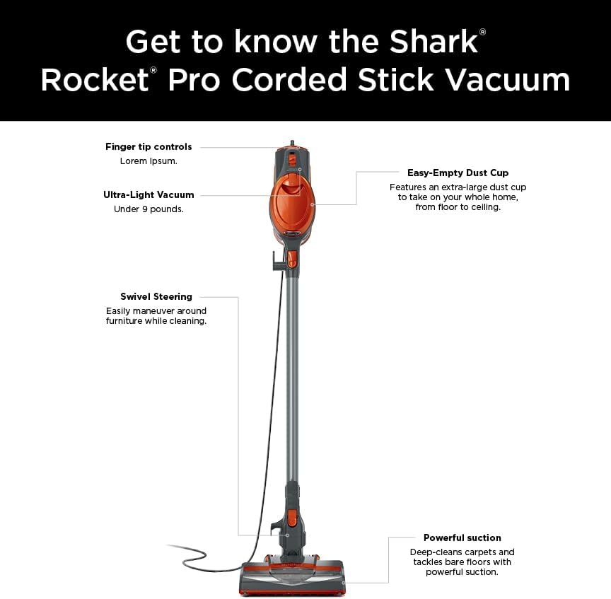 Shark HV302 Rocket Pet Corded Stick Vacuum - Lightweight, Swivel Steering for Carpets & Hard Floors | Includes Hand Vacuum & Tools, Orange