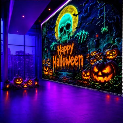 UV Reactive Halloween Tapestry Wall Hanging with Skull Pumpkin Design - Large 78x59 Inches