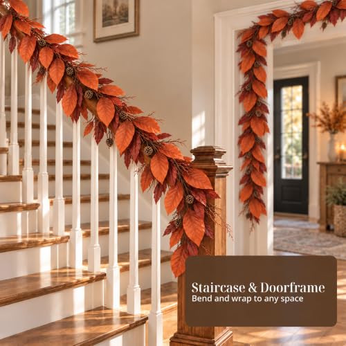 9 Ft Fall Garland for Mantel and Decor - Artificial Autumn Leaves