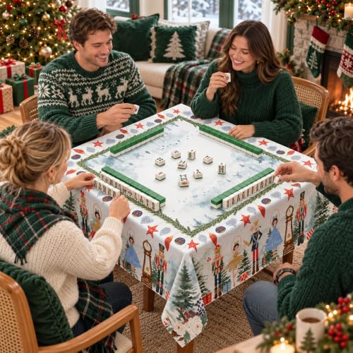 55 Inch Christmas Mahjong Tablecloth with Watercolor Nutcracker Design