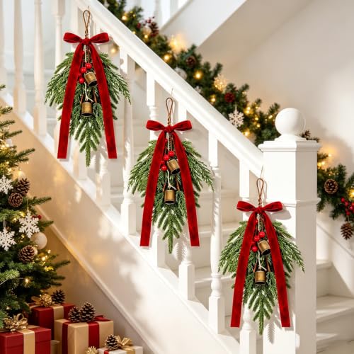 Christmas Teardrop Swag Set with Bows - 6 Mini Norfolk Pine & Cedar Decor with Bells - Red/6 Variation