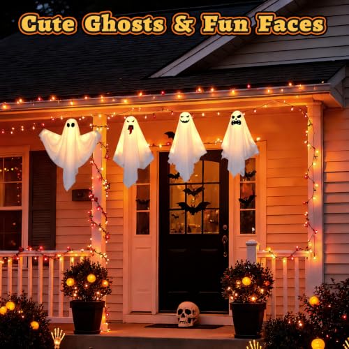 Halloween Outdoor Indoor Hanging Ghost Decorations - 4 Pack with Warm Light & DIY Arms