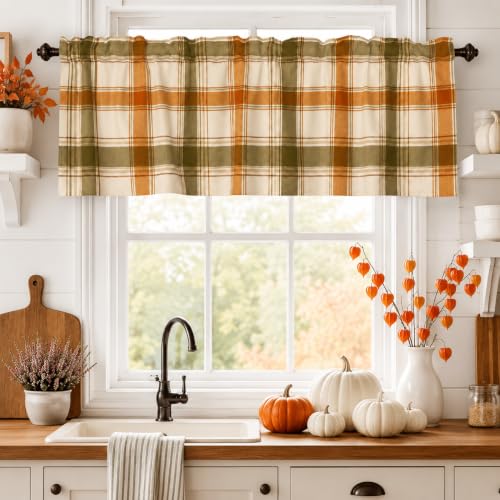 Fall Plaid Window Valance Curtains 54x18 Inch - Orange Green Checkered Farmhouse Style
