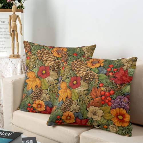 Autumn Woodland Floral Throw Pillow Covers Set of 2 - 18x18 Inch Fall Leaf Cushion Cases for Home Decor