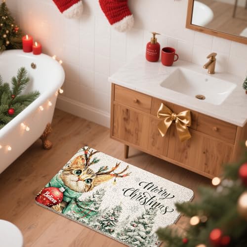 Merry Christmas Tree Cat Door Mat with Snowflake Winter Design - 17x30 Inches - Outside Entrance Welcome Mat - Indoor & Outdoor Use - Variations of THIS listing