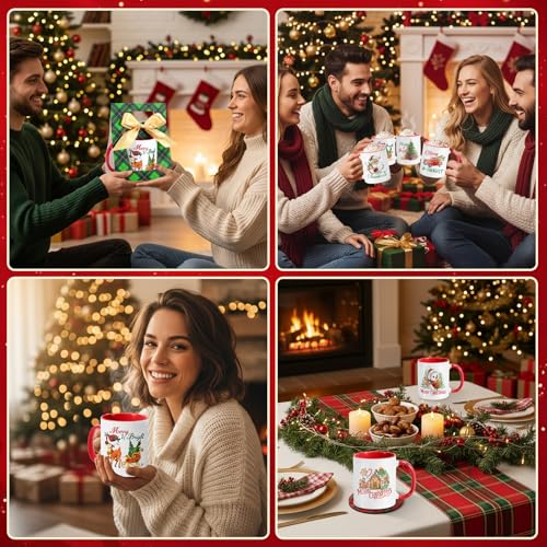 Christmas Coffee Mugs with Gift Boxes - Red Green Watercolor Set of 12