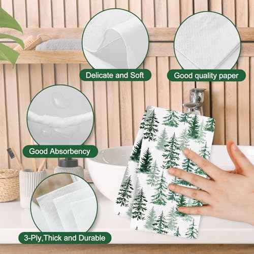 50Pcs Christmas Guest Napkins Disposable Watercolor Cedar Paper Napkins Winter Xmas Dinner Hand Napkins for Holiday Party Tableware Supplies