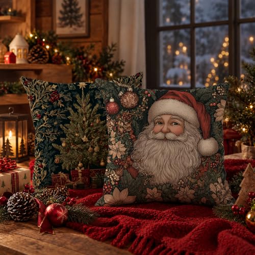 Christmas Tree Santa Pillow Cover 18x18 Set of 2 - Holiday Decor, Cozy Winter Accent, Variation: Santa Tree-1