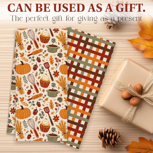 Fall Baking Kitchen Towels Set of 2 - Pumpkin Plaid Dish Towels - Pumpkin Baking Variation