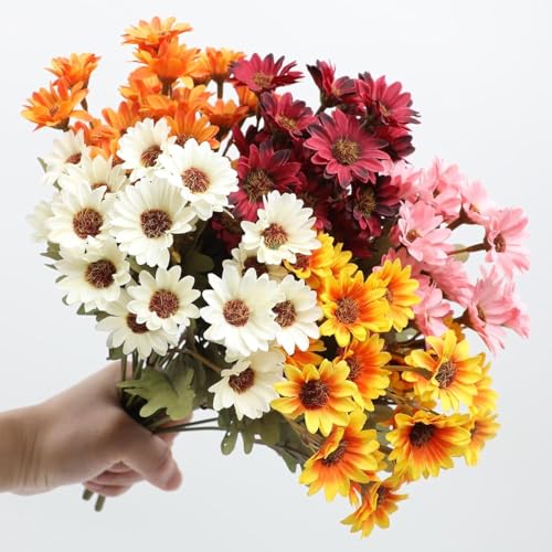 Artificial Fall Mums UV Resistant for Outdoors - Sunset Chrysanthemum (5 Bundles, Gold)