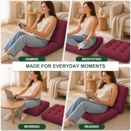 Floor Pillow Set of 2 20 Inch Large Tufted Corduroy Cushions for Sitting Meditation Lounge - Wine Red