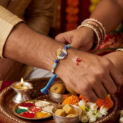 Blue Evil Eye Rakhi Set with Kumkum Holder Thali & Ritual Essentials