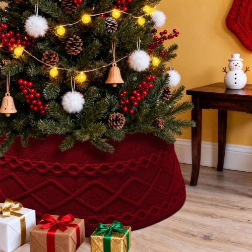 Christmas Tree Collar Xmas Tree Skirt Red Knit Base Cover with Clips