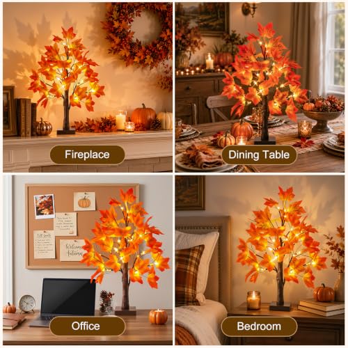 OLANRUN 2 Pack 24-Inch Lighted Fall Maple Trees with 48 LED Warm Lights & Leaves
