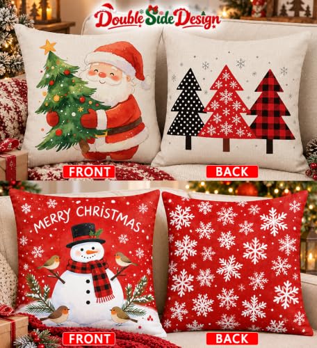 Christmas Pillow Covers 18x18 Inch Set of 4 Double-Sided Linen Decor - Holiday