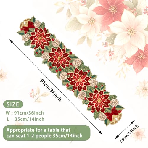Christmas Tree Table Runner 14x36 Inch Red Green Winter Linen Decor - Red Floral Variation