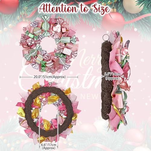 Pink & Green Christmas Wreath with Candies and Gold Bow - 20 Inch Holiday Door Decor - Variation of Pink Green
