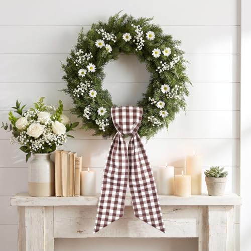 Brown White Plaid Christmas Wreath Sash - Front Door Ribbon - Variation C