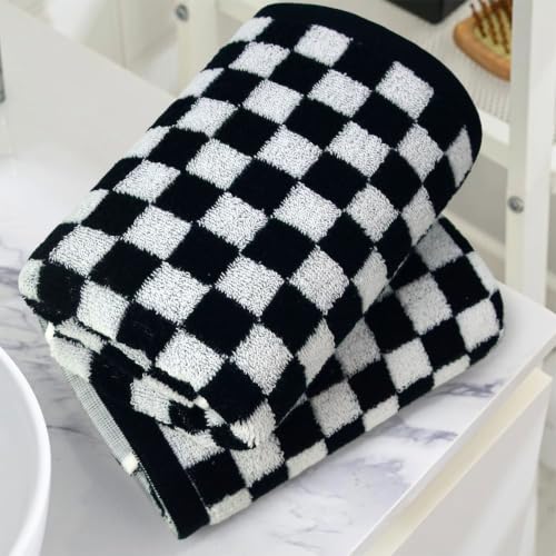 Checkered Hand Towels Set of 2 - Black & White Cotton 13 x 29" - Jacquotha